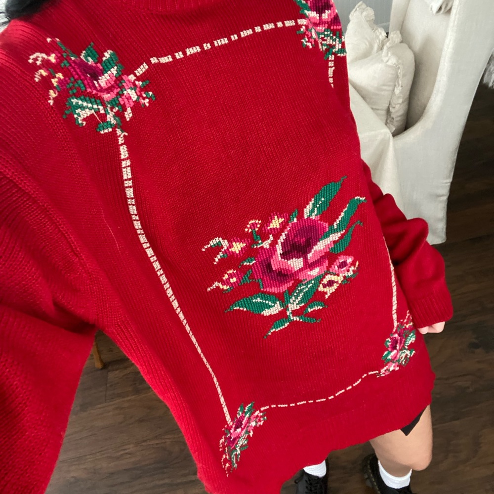 Vintage Cottagecore red floral print oversized turtleneck sweater size XL